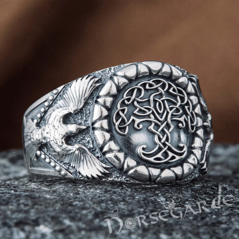 Custom rings crafted with your selected stone accents -Handcrafted Ravens and Yggdrasil Ring - Sterling Silver