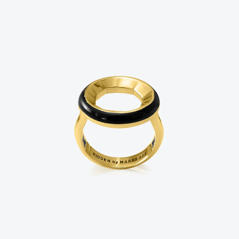 Sleek rings with floating stones for modern flair -A. Sun Halo 18K Gold Ring w. Jet Black Enamel