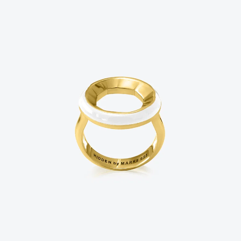 Mixed rings with dual metals for finger flair -A. Sun Halo 18K Gold Ring w. Snow White Enamel