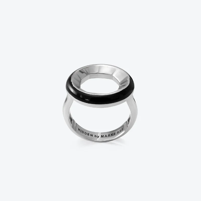 Luxe rings showcasing dazzling large gemstone features -A. Sun Halo Silver Ring w. Jet Black Enamel