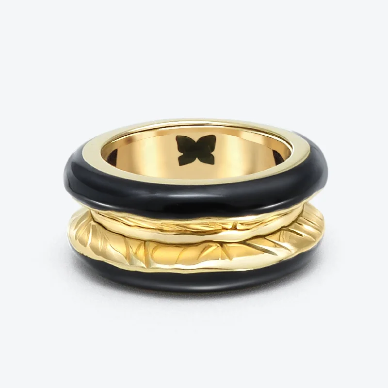 Rings perfect for layering with slim finger bands -Antarctica 18K Gold  Ring w. Jet Black Enamel