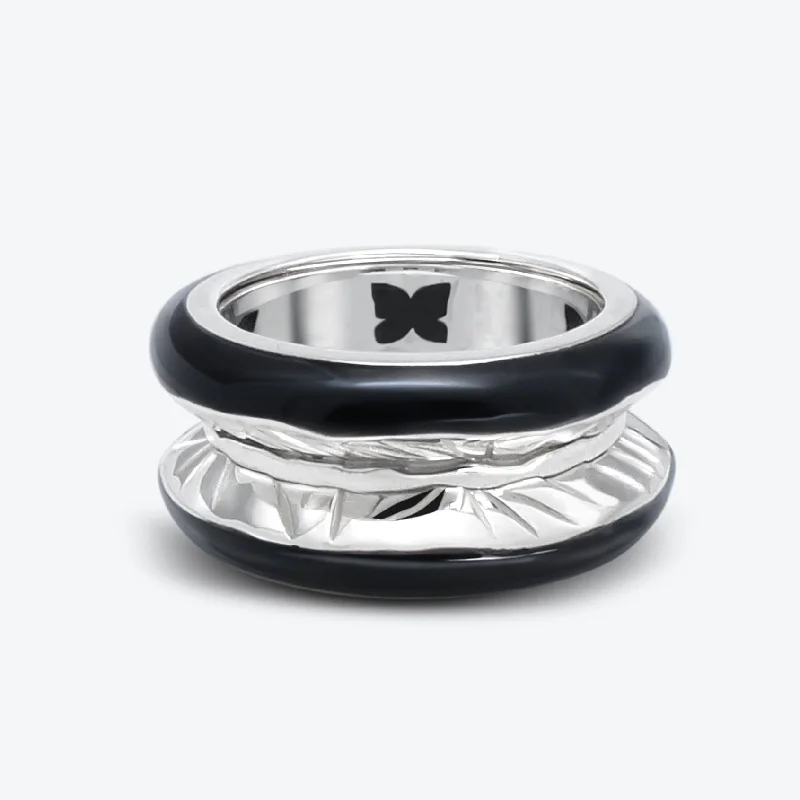 Rings inspired by moons with gemstone radiance -Antarctica 18K White Gold Ring w. Jet Black Enamel