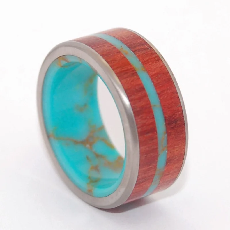 Rings featuring tourmaline for warm autumnal shine -Midst Of The Waters | Men's Tibetan Turquoise, Blood Wood & Titanium Wedding Ring