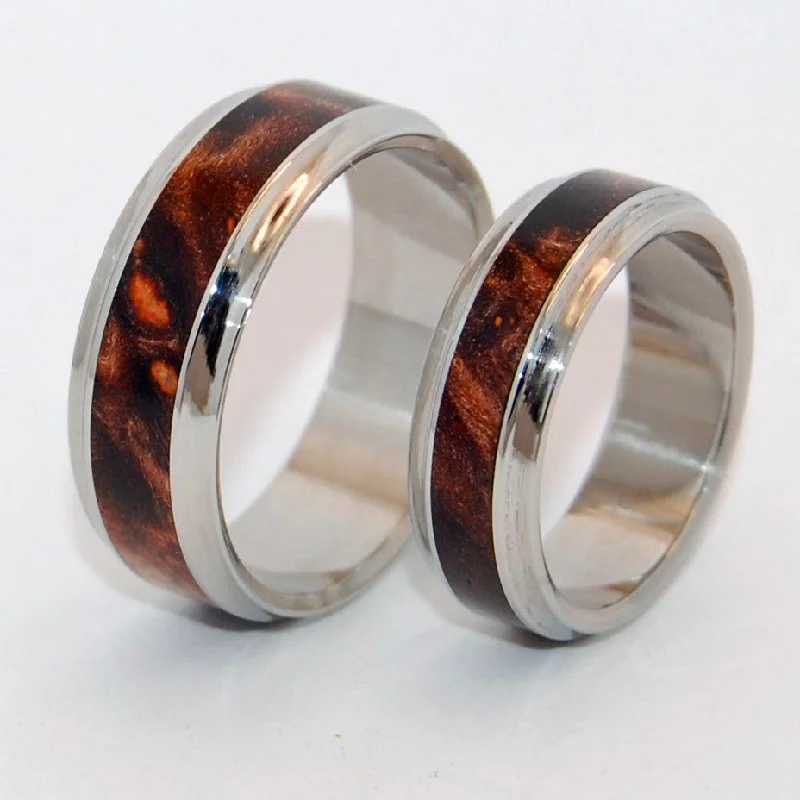 Rings inspired by flora with gemstone flower details -Windham | Dark Maple Wood & Steel Wedding Ring - Unique Wedding Ring Set