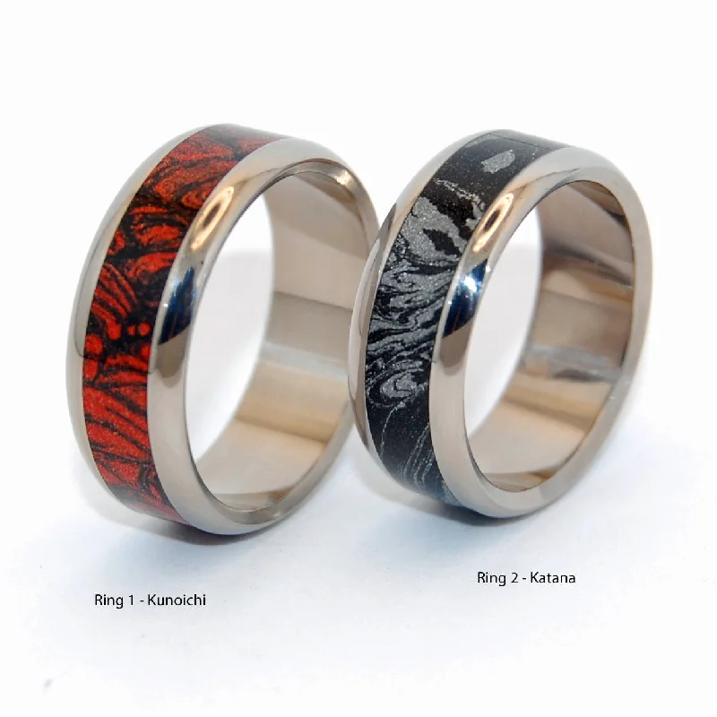 Rings featuring vivid stones for bold finger flair -Katana Red & Black |  M3 Mokume Gane & Titanium - Black Wedding Ring - Unique Wedding Ring Sets