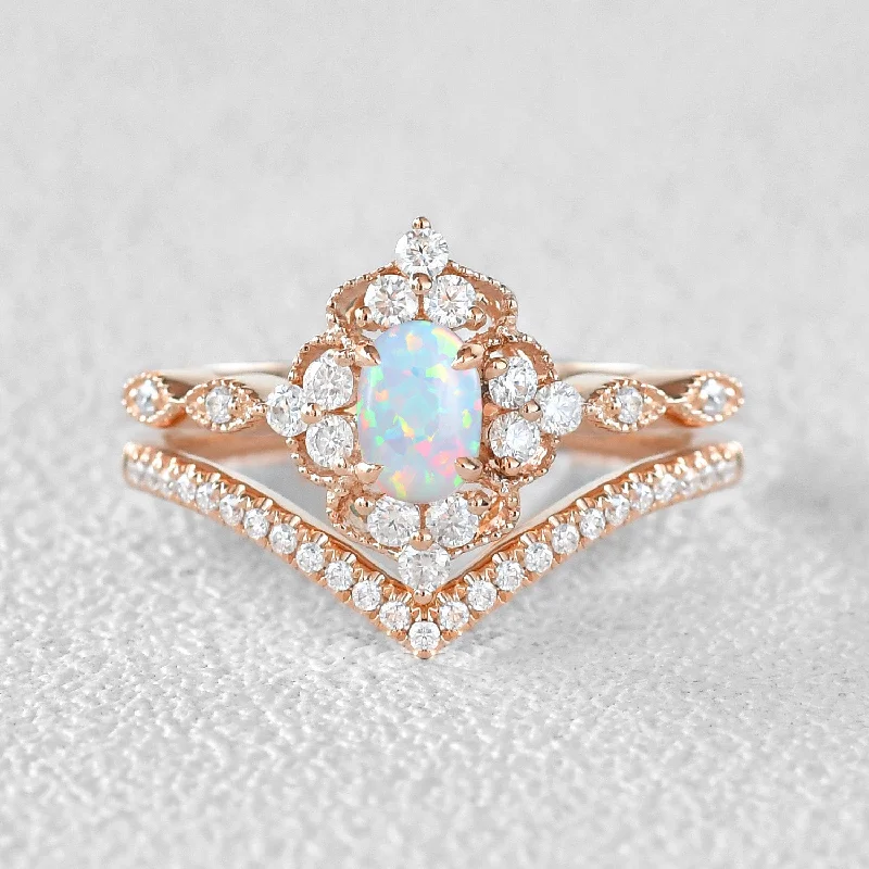 Vintage rings featuring timeless gemstone band designs -Oval Lab Opal & Moissanite Vintage Inspired Ring Set 2pcs