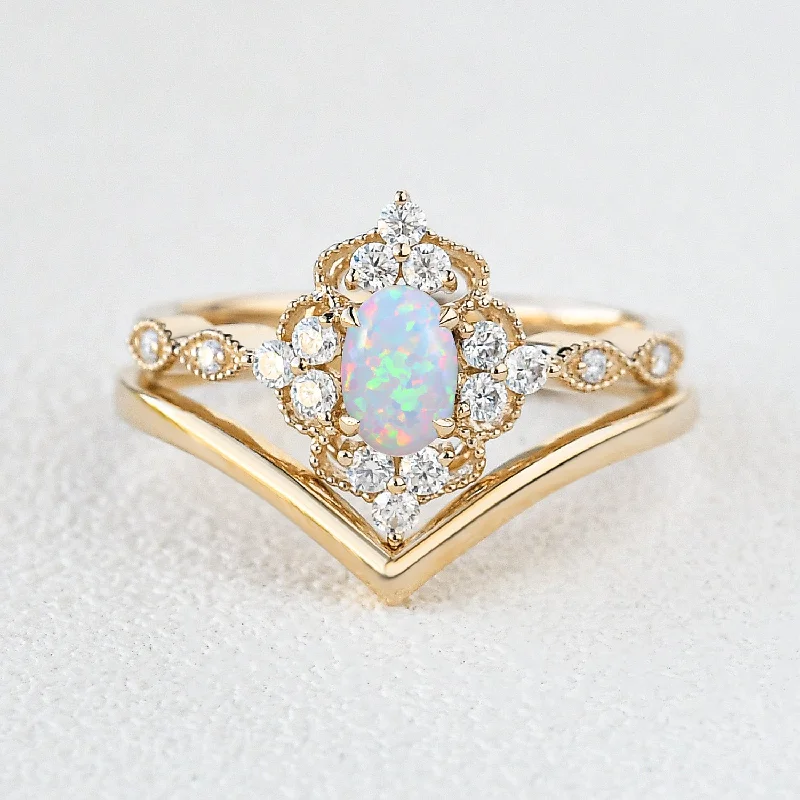 Rose gold rings for warm shimmering finger charm -Lab Opal Vintage Inspired Ring Set 2pcs