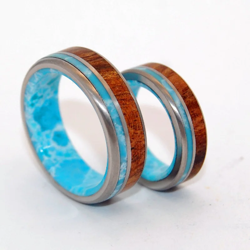 Sculpted rings with carved bands for finger art -Liina Terra | Larimar Stone & Koa Wood Titanium Wedding Ring Set