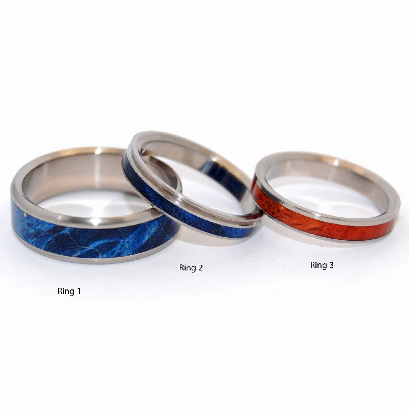 Retro rings with detailed bands for nostalgic appeal -Linger In The Hills - Blue Pin And Amboyna Love | Titanium And Wood Wedding And Engagement Ring Set