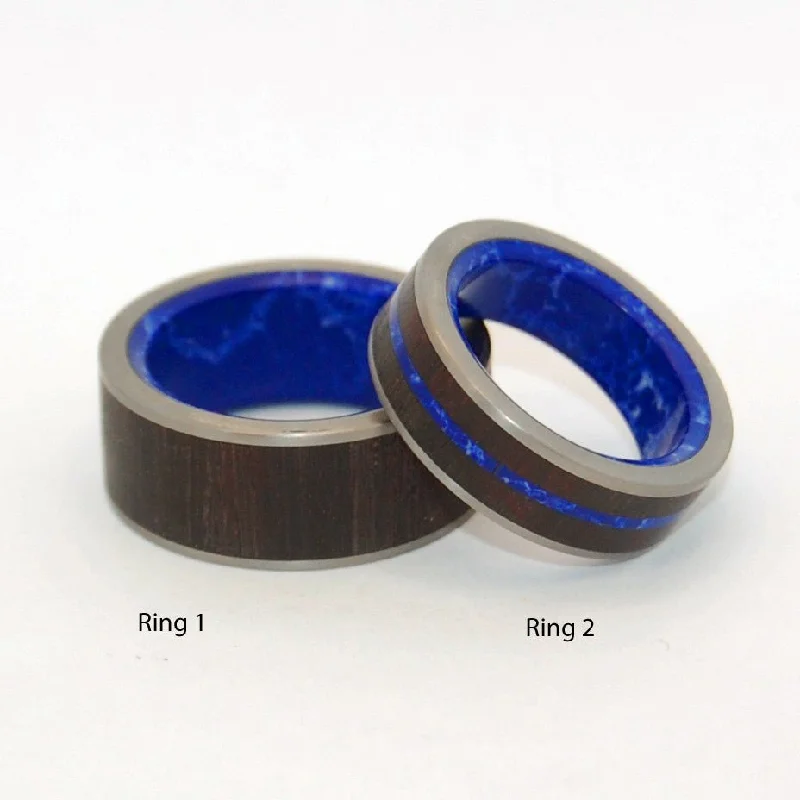 Sleek rings ideal for subtle daily finger elegance -Love Is The Whole | Rosewood & Sodalite Stone - Titanium Wedding Ring Set - Blue Wedding Ring