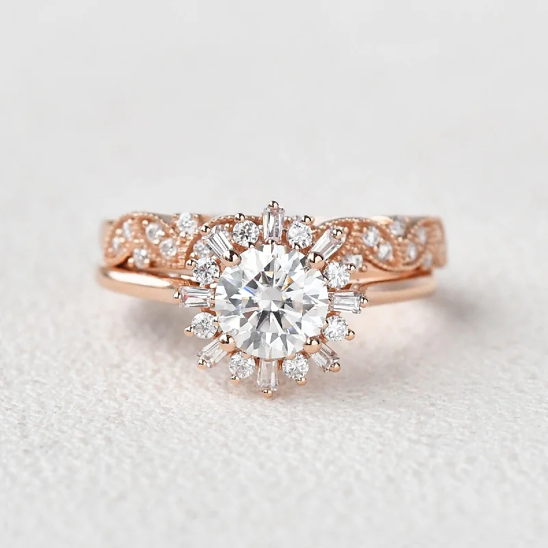 Trendy rings with modern designs for youthful flair -Moissanite Halo Yellow Gold Inspired Ring Set 2pcs