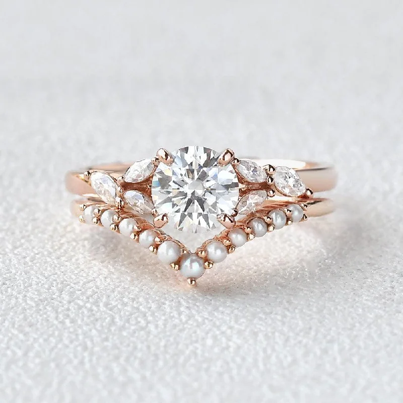 Stackable rings designed for fun finger layering style -Moissanite & Pearl Rose Gold Ring Set 2pcs