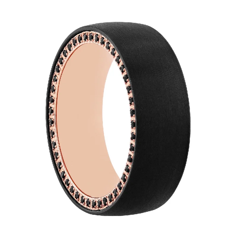 Rings featuring morganite for soft pink finger glow -Tungsten Black & Rose Natural Black Sapphire Band, 8MM