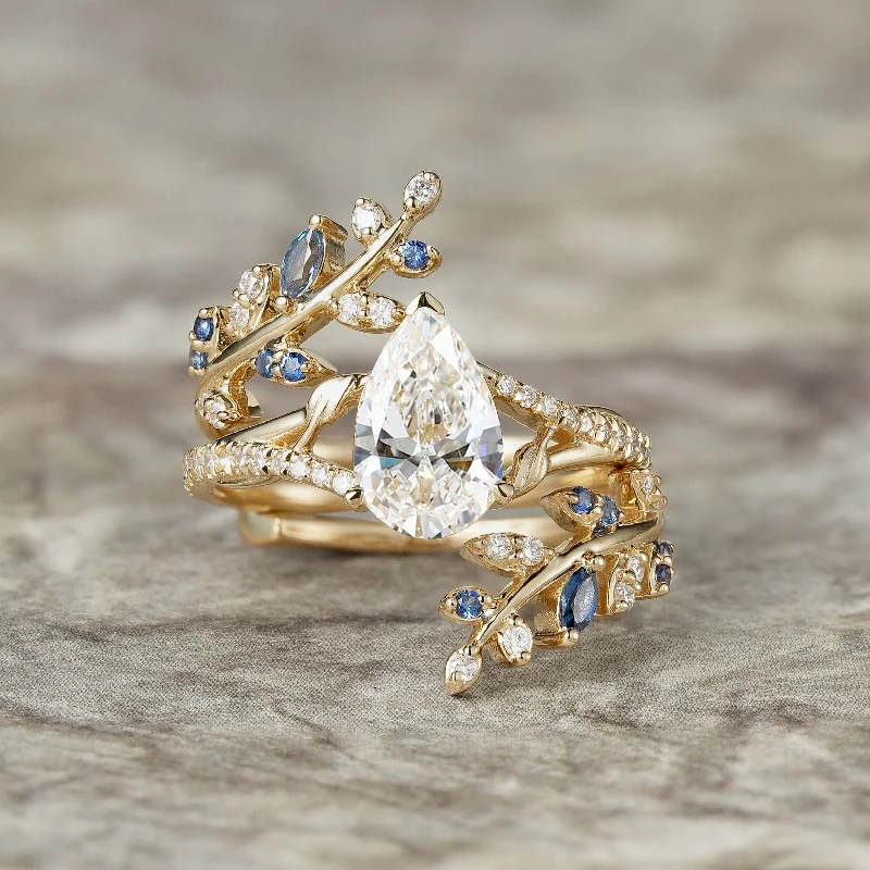 Fringe rings with stone drops for finger play -Nature-Inspired Pear Cut Moissanite and Sapphire Ring Set - Aurora