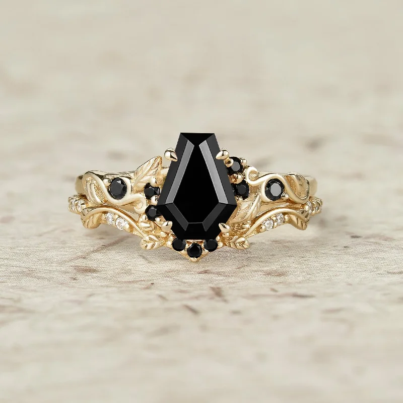 Wrapped rings with wire for boho finger charm -Nature's Embrace: Coffin Cut Black Onyx Leaf Ring Set - Penelope