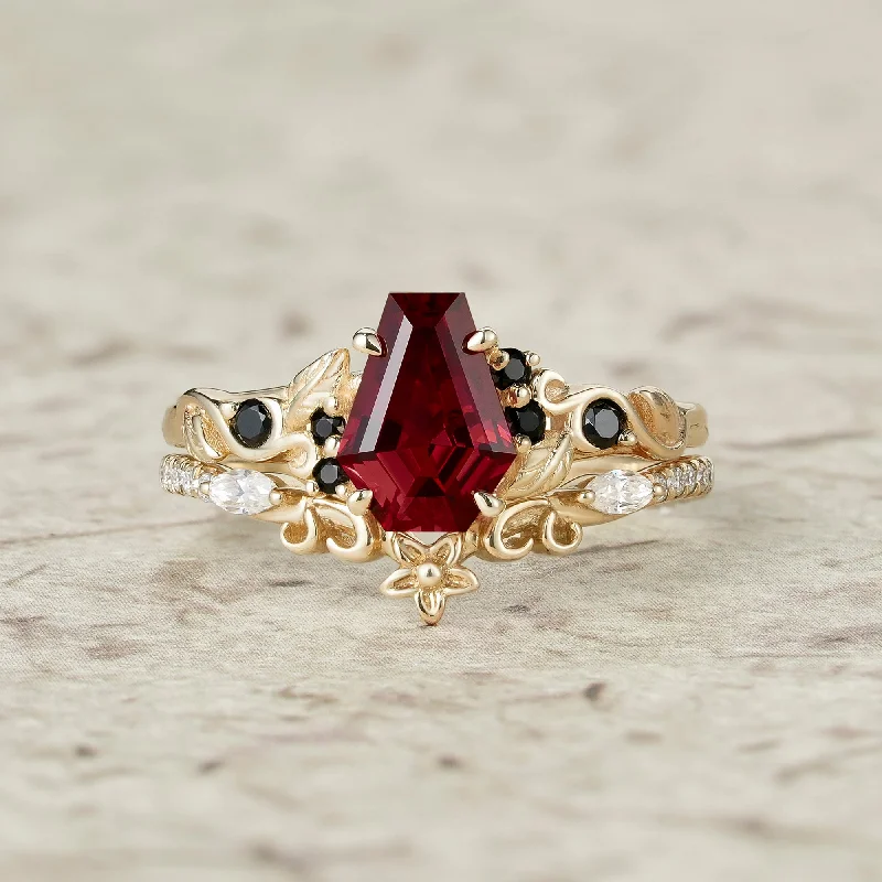 Heart rings with gemstone shapes for finger romance -Nature's Embrace: Coffin Cut Ruby Leaf Ring Set - Lila