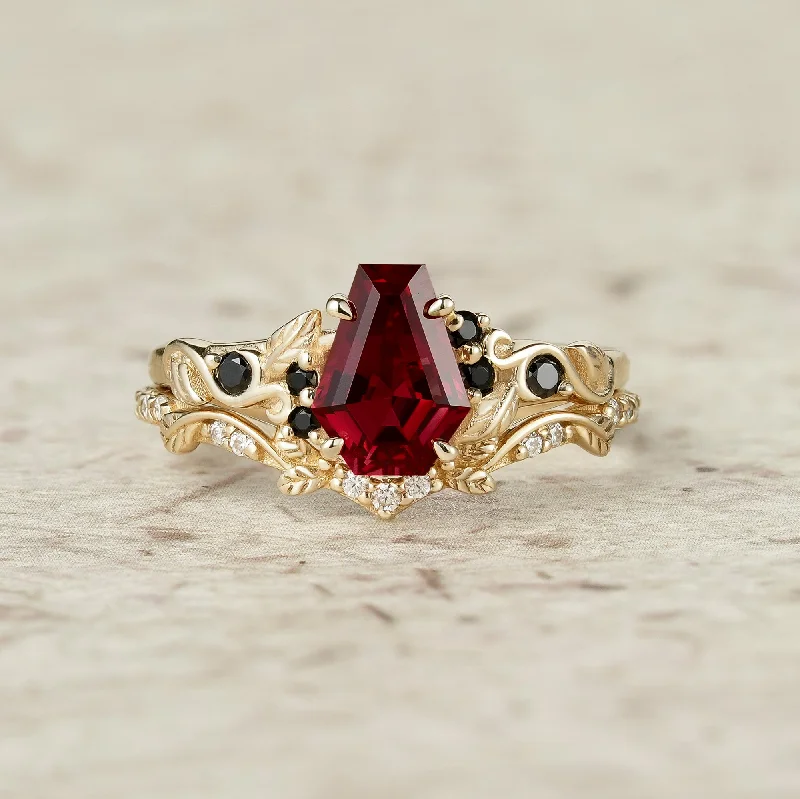 Rings featuring moonstone for ethereal finger radiance -Nature's Embrace: Coffin Cut Ruby Leaf Ring Set - Penelope