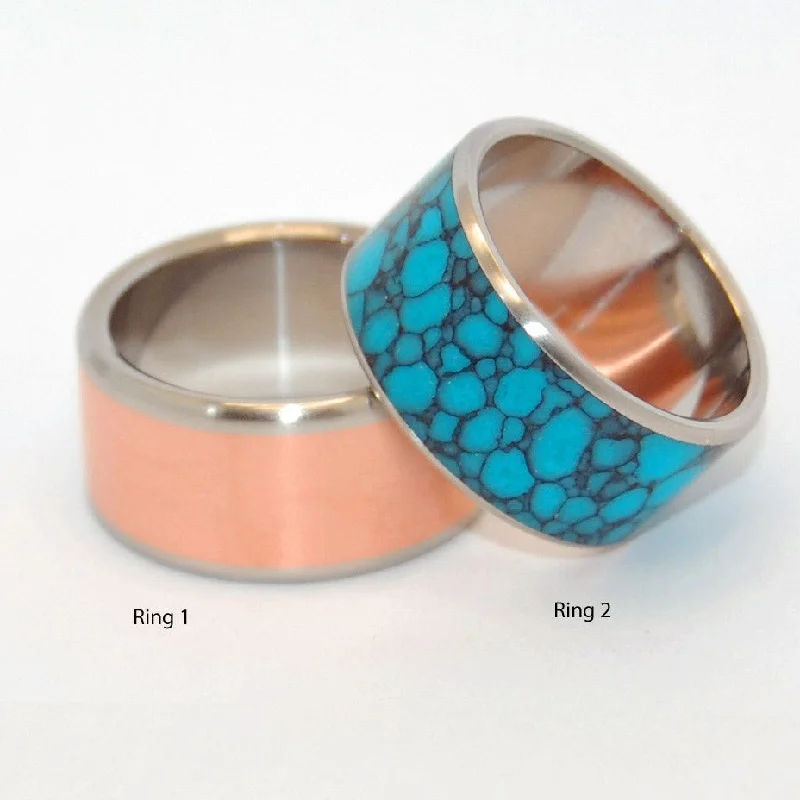 Elegant rings perfect for adding sparkle to outfits -New Spin Old Earth | Copper &turquoise Stone Titanium Wedding Ring Set