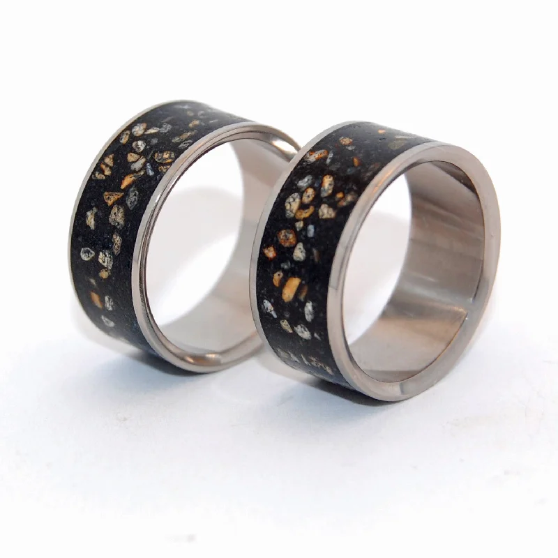 Brushed rings with textured finishes for finger grit -Night Sky | Beach Sand & Titanium Wedding Ring Set