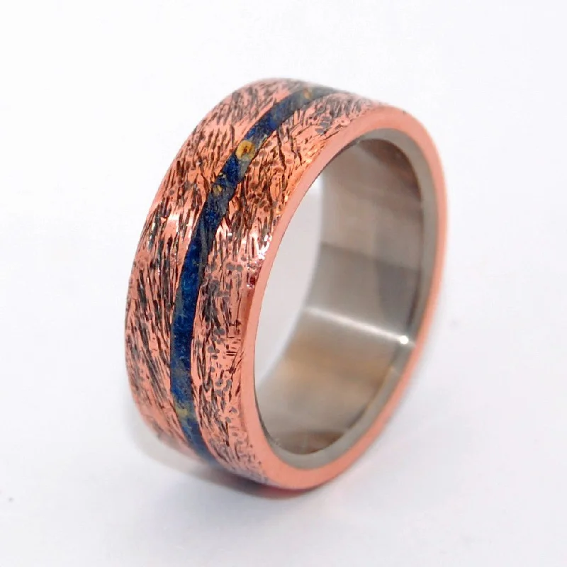 Rings perfect for holidays with festive stone charm -One Soul | Men's Blue Box Elder Wood, Hand Beaten Copper & Titanium Wedding Ring