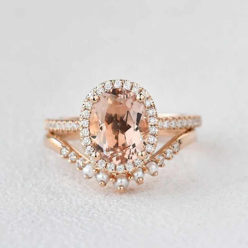 Crisp rings with modern shapes for finger chic -Oval Peachy Morganite & Pearls Yellow Gold Ring Set 2pcs