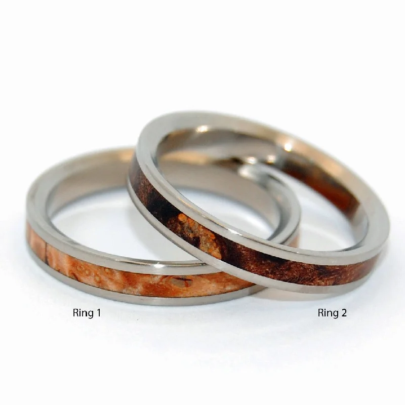 Drop rings with long gemstone finger elegance -Owl Moon | Dark Maple & Light Maple Wood - Wooden Wedding Ring - His & Hers Matching Titanium Wedding Ring Set