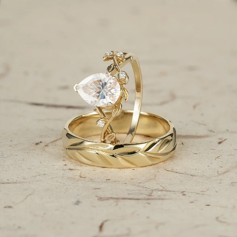 Rings perfect for layering with slim finger bands -Pear-Cut Vine and Leaf Gold Couple’s Ring Set - Bound by Love