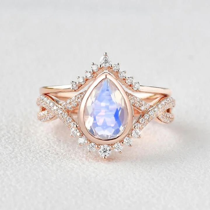 Curved rings perfect for matching with other bands -Pear Moonstone Bezel Infinity Ring Set 2pcs