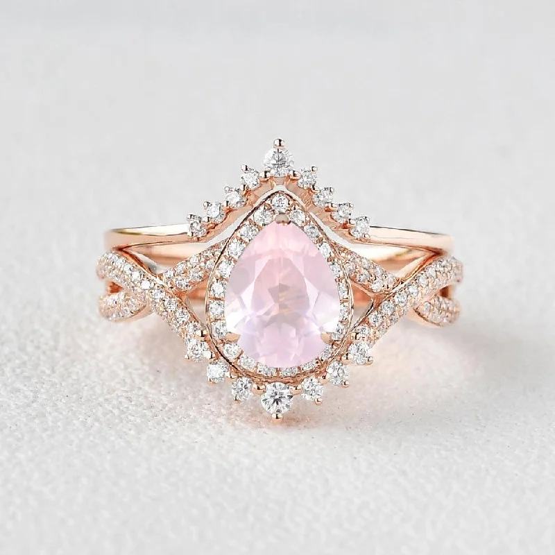 Rings inspired by vintage with gemstone finger charm -Pear Rose Quartz Halo Infinity Ring Set 2pcs - Valentina