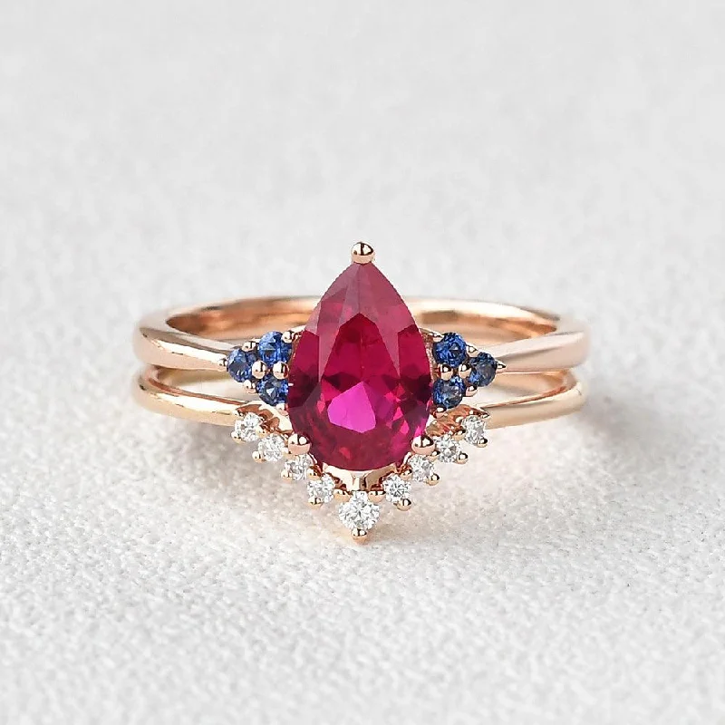 Affordable rings under fifteen dollars for quick gifts -Pear Shaped Lab Ruby Rose Gold Ring Set 2pcs