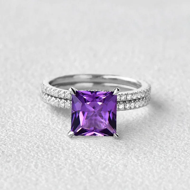 Rings perfect for romance with sweet stone details -Princess Cut Amethyst Engagement Ring Set 2pcs