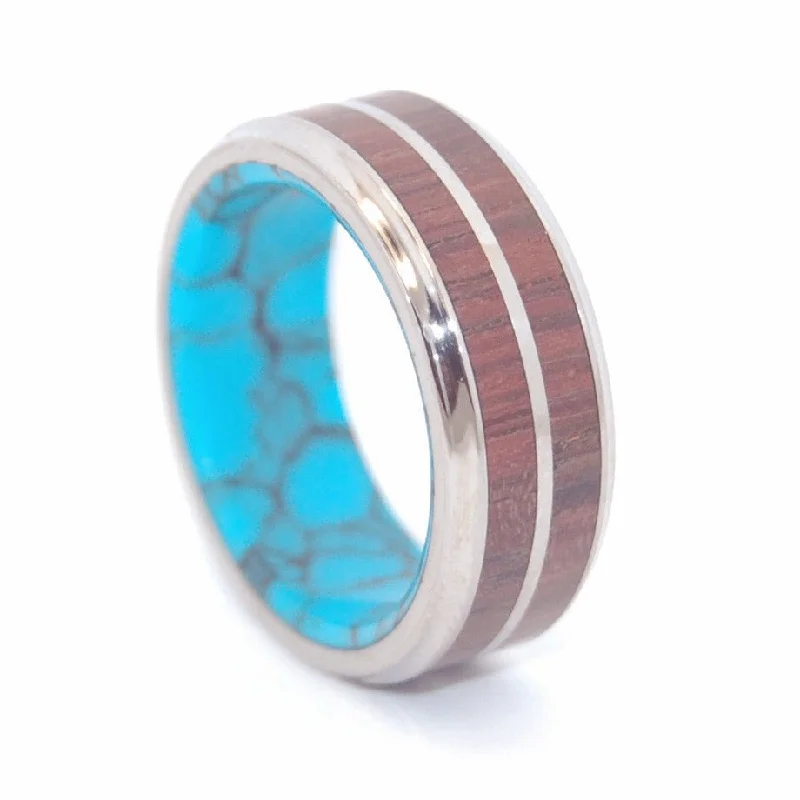 Rings featuring labradorite for mystic gemstone finger hues -Redeemer | Men's Cocobolo Wood, Turquoise Stone & Titanium Wedding Ring