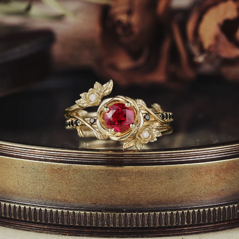 Heart rings with gemstone shapes for finger romance -Rose Blossom: Three Roses Ruby Ring | Rosalind