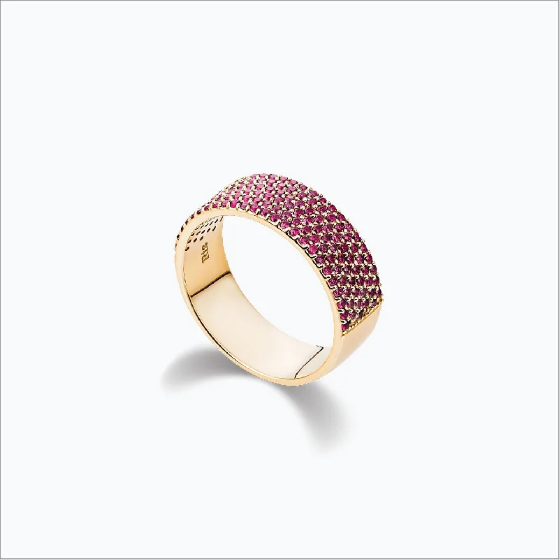 Rings inspired by moons with gemstone radiance -Cigar Band 18K Gold Ring w. Pink Sapphire