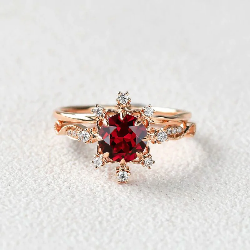 Rings perfect for holidays with festive stone charm -Round Cut Garnet Vintage Inspired Ring Set 2pcs