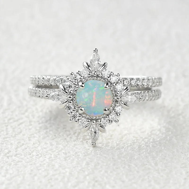 Stackable rings designed for fun finger layering style -Round Cut Opal Floral Cluster Engagement Ring Set 2pcs