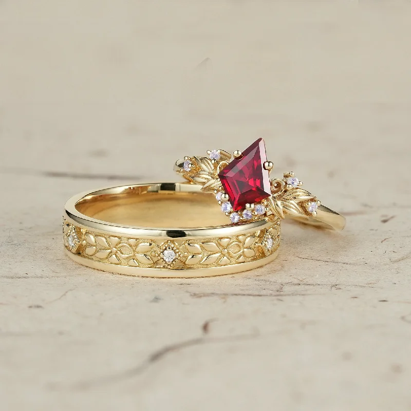 Fringe rings with stone drops for finger play -Ruby and Moissanite Leaf Couple Rings - Eternal Bond