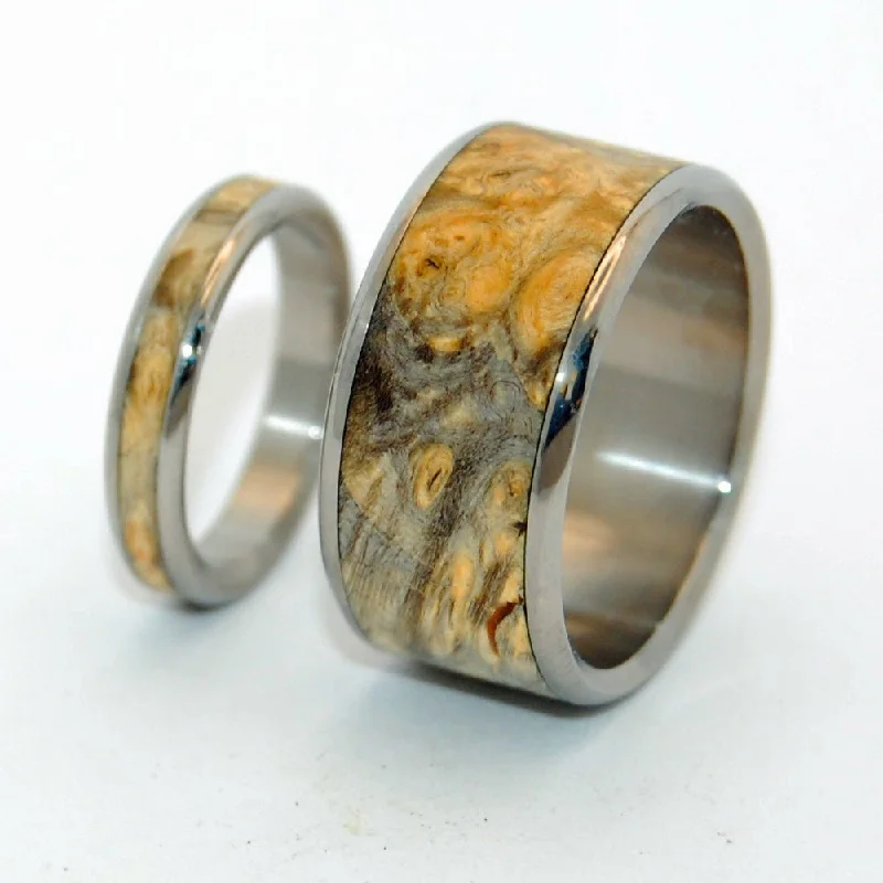 Rings featuring peridot for fresh green finger glow -Runaway Set | California Buckeye Wood & Titanium - Unique Wedding Ring - Wedding Ring