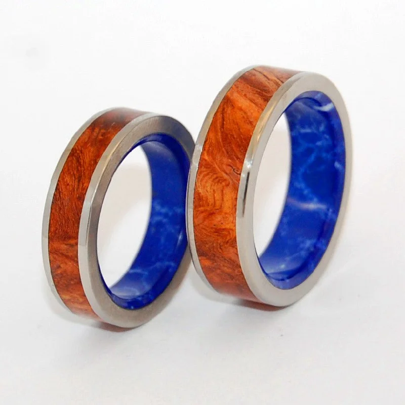 Sleek rings with floating stones for modern flair -Blue Conifer | Sodalite Stone & Amboyna Burl Wood - His & Hers Wedding Band Set - Wooden Wedding Ring