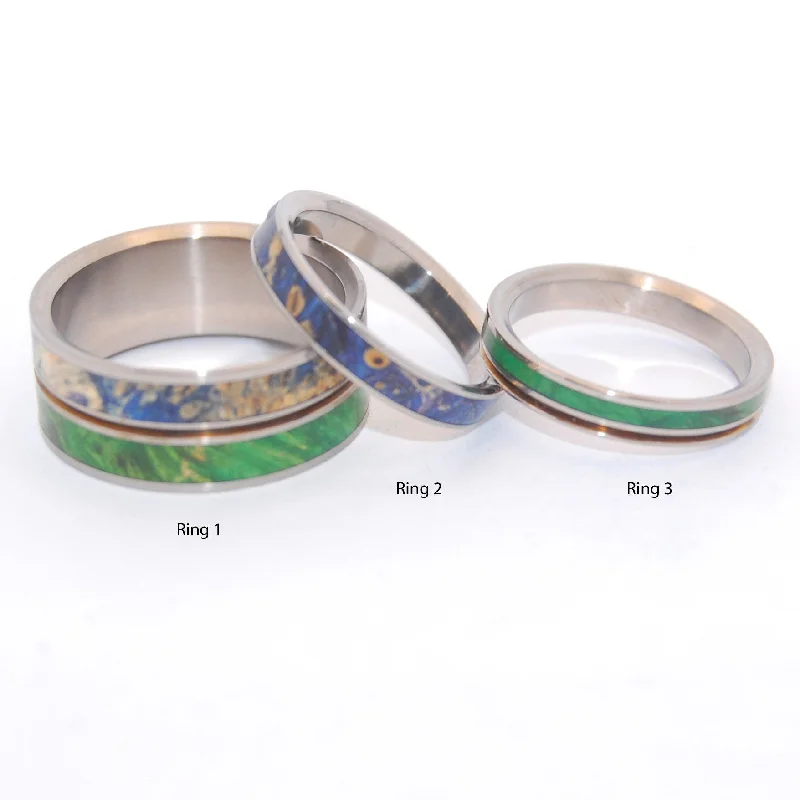 Rings with opal stones for iridescent finger beauty -Stars & Moss | Green Box Elder Wood & Blue Box Elder Wood - Titanium Wedding And Engagement Set - Unique Wedding Ring