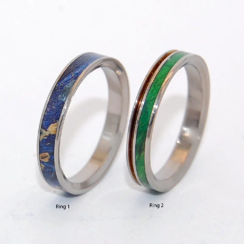 Rose gold rings for warm shimmering finger charm -Stars & Moss | Green Box Elder Wood & Blue Box Elder Wood - Titanium Wedding Ring - Unique Wedding Ring