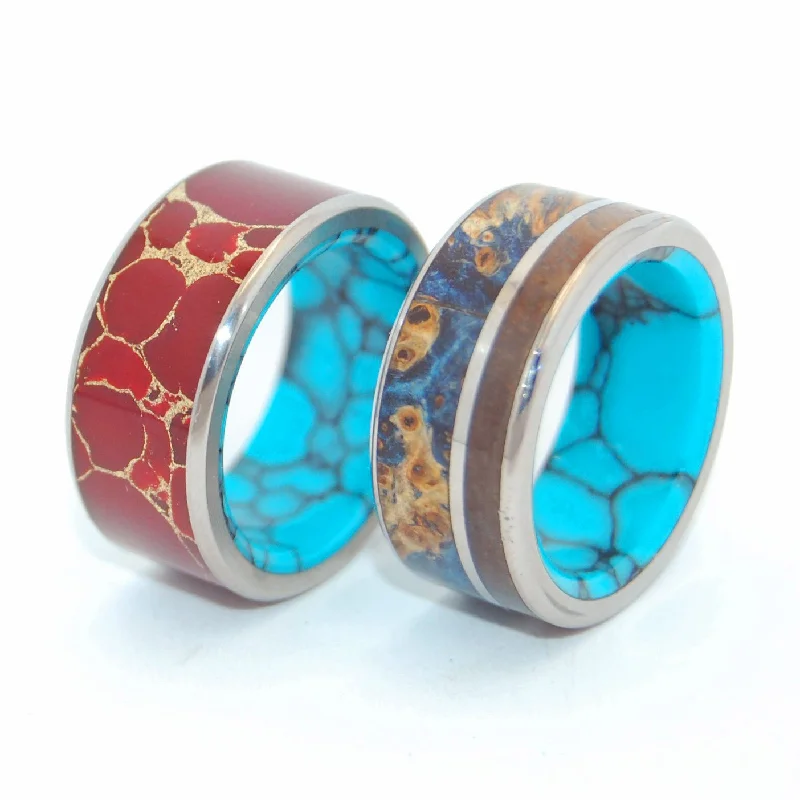 Rings perfect for holidays with festive stone charm -Bold Set | Blue Box Elder Wood, Red Jasper Stone, Turquoise - Titanium Wedding Ring Set