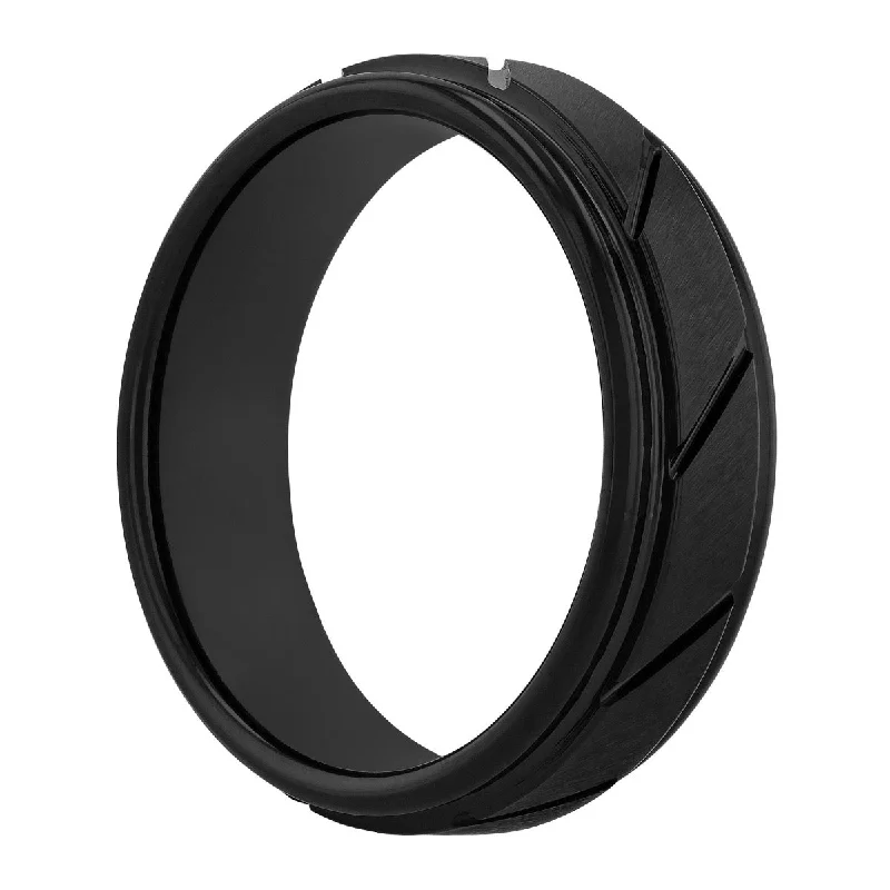 Artisan rings perfect for unique handcrafted beauty -Tantalum Black IP Slant Center Step Edge Band 7MM