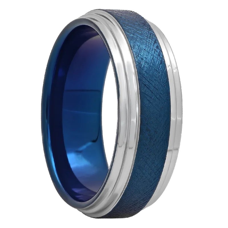 Rings made with lab-grown stones for ethical charm -Tantalum Blue Two-Tone Scratch Finish Band, 8mm