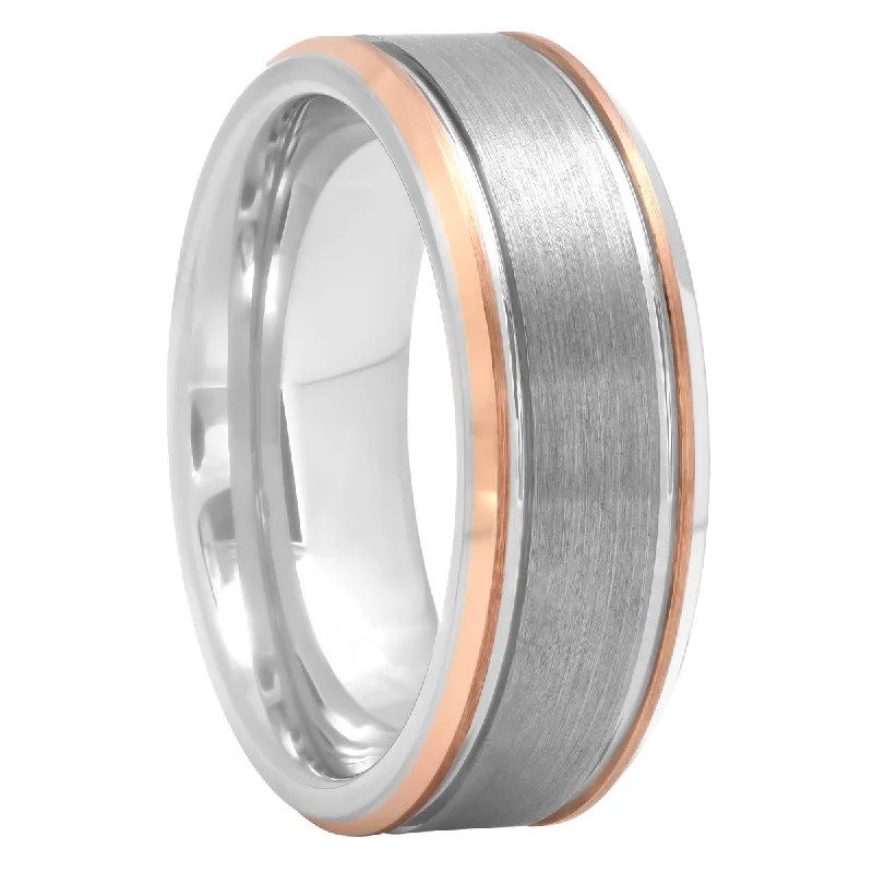 Brushed rings with textured finishes for finger grit -Tantalum Rose Ip Beveled Edge Band, 8mm