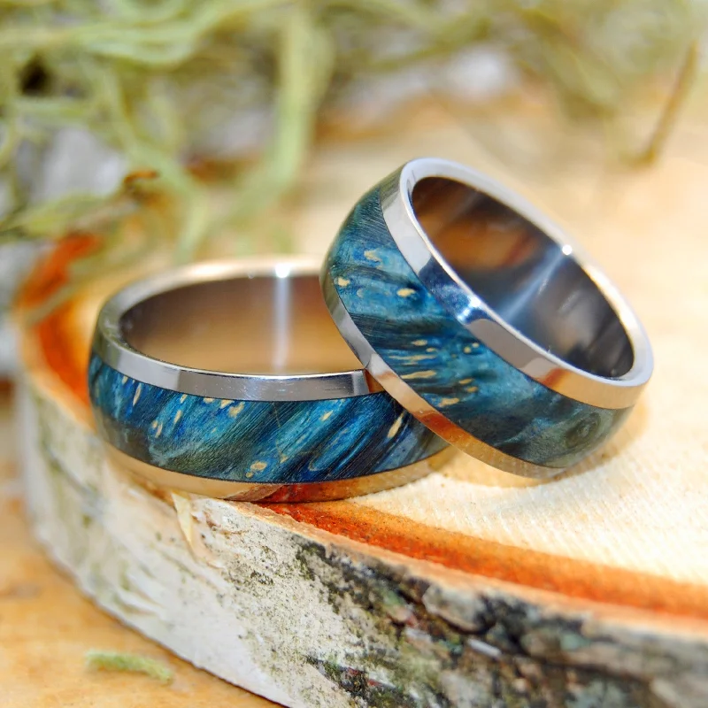 Rustic rings with hammered bands for textured flair -Te Amo | Blue Box Elder Wood & Titanium - Unique Wedding Ring - Wedding Ring Set