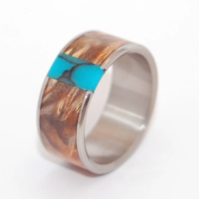 Vermeil rings with golden gemstone finger brilliance -Thank God You're Here! | Men's Turquoise Stone, Box Elder Wood & Titanium Wedding Ring