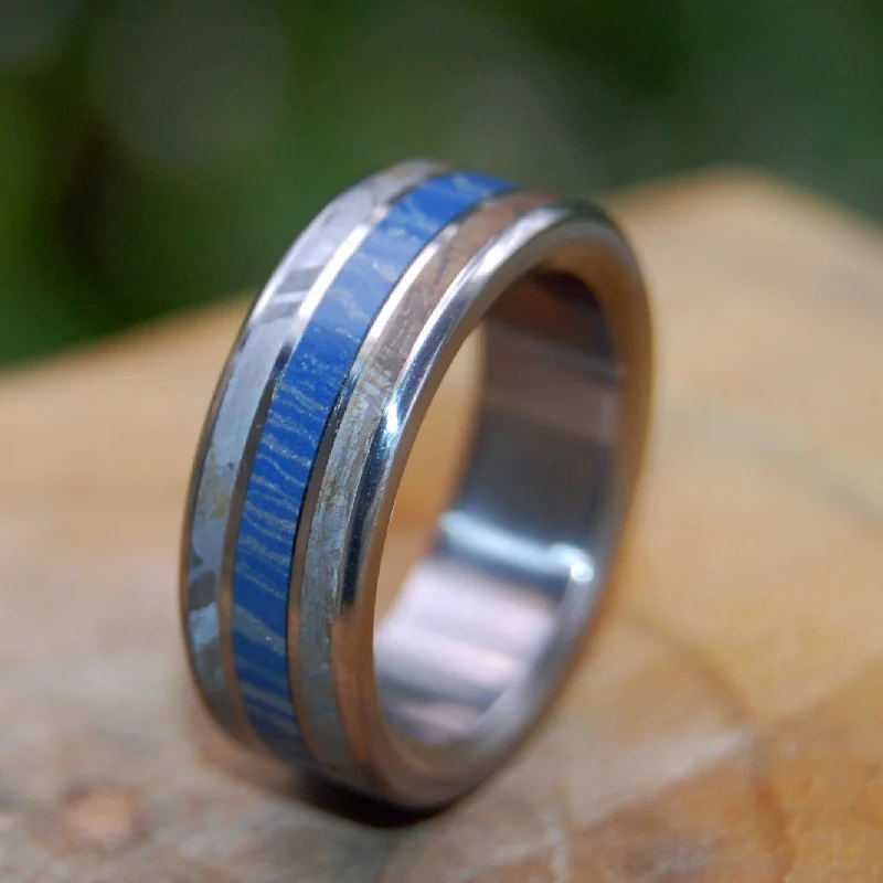 Brushed rings with textured finishes for finger grit -Final Frontier | Men's Meteorite, Blue Silver Mokume Gane & Titanium Wedding Ring