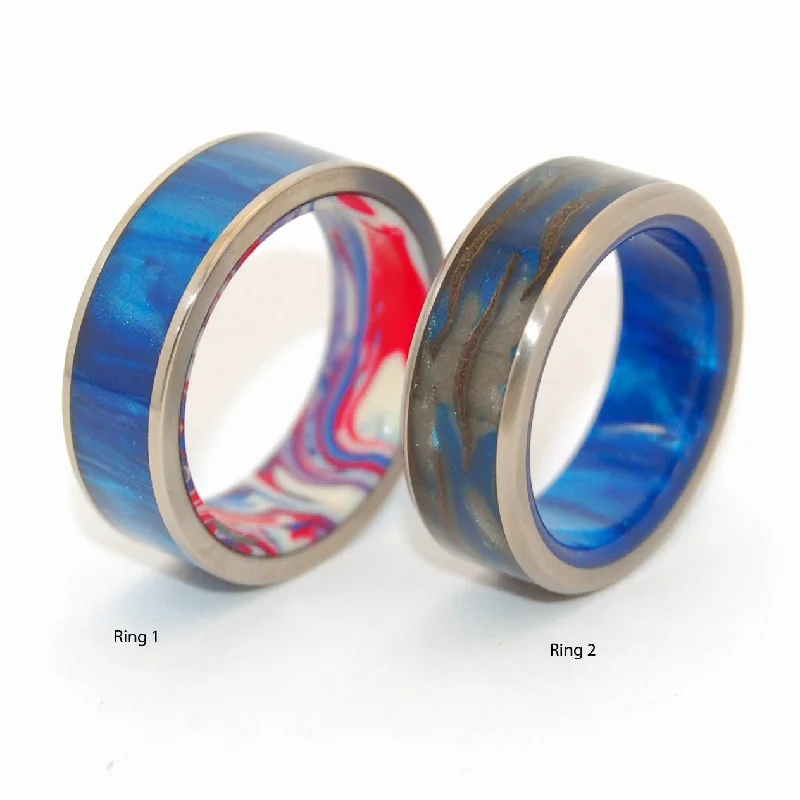 Rings inspired by moons with gemstone radiance -Galactic Love | Pine Cone & Blue Marbled Opalescent Titanium Wedding Ring Set