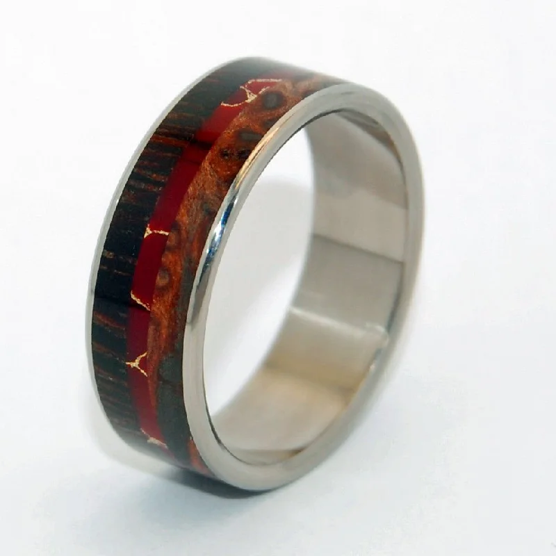 Sculpted rings with carved bands for finger art -The Magic Between | Men's Wenge Wood, Redwood, Red Jasper Stone & Titanium Wedding Ring